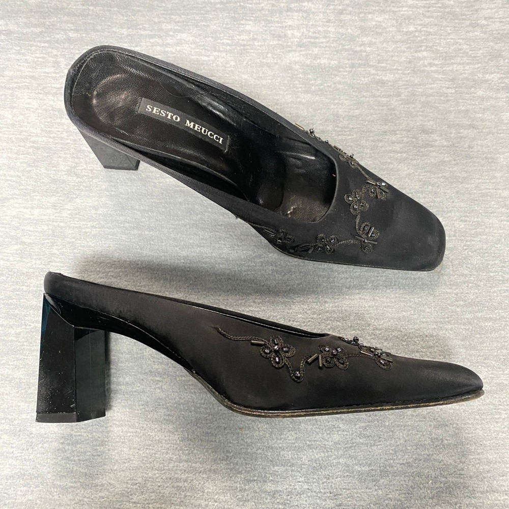 Vintage Sesto Meucci Black Satin‎ Beaded Embellished Mule Heels Sz 7 M Old Money